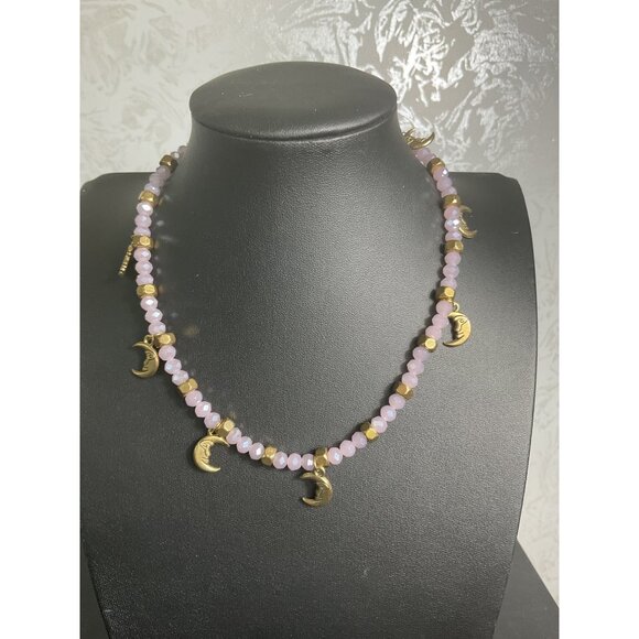 Purple Beaded Moon Charm Necklace With Gold Accents & Lobster Clasp - Picture 1 of 4